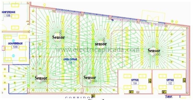 Mejor ubicación de sensores de ocupación en Oficinas, bodegas, corredores, baños, salones de clase etc 4 posicion-optima-sensores-ultrasonicos-de-techo-iluminacion-oficina-abierta-1a-2