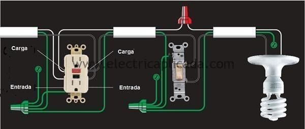 Parte 1 - Cableado eléctrico típico para conexión de tomacorrientes e interruptores en instalaciones eléctricas 6 Conexion tomacorrinete GFCI proteccion otros tomacorrientes diagrama