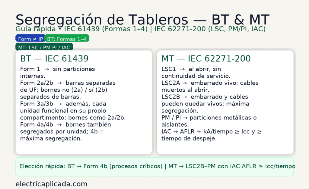 Calculo y calculadora de particiones y segregación de tableros eléctricos 1, 2a, 2b, 3a, 3b, 4a y 4b